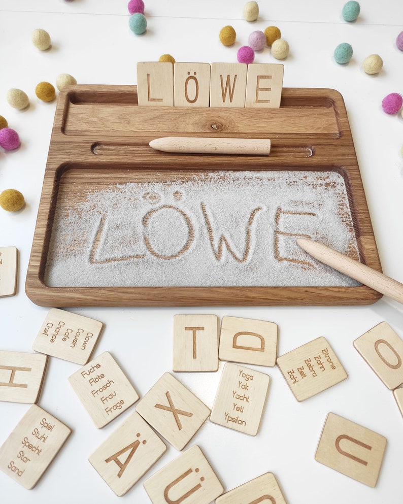 Montessori materials, wooden sand tray with German letters cards, homeschool, Montessori educational resource, Birthday gift for kids image 8