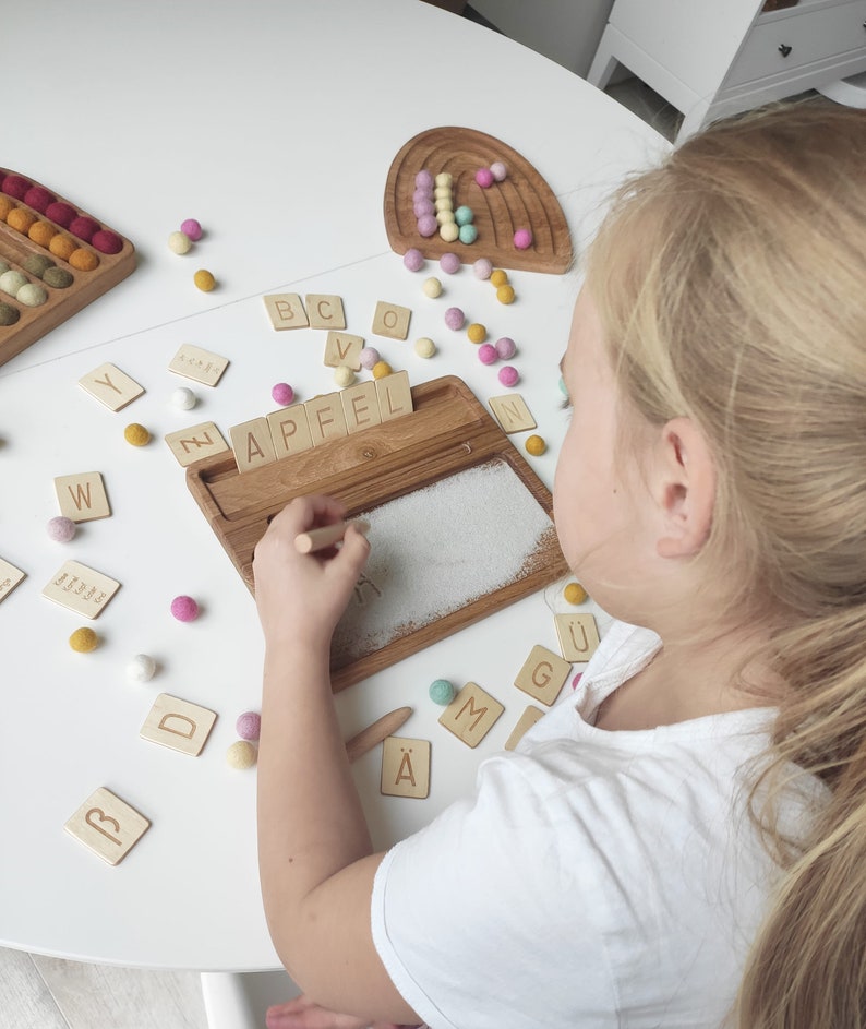 Montessori materials, wooden sand tray with German letters cards, homeschool, Montessori educational resource, Birthday gift for kids image 2