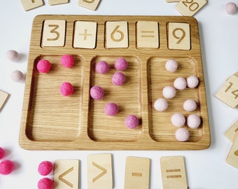 Montessori Math tray+number cards Natural learning toys Child gift Counting Educational Waldorf math kids gift toddlers homeschool preschool