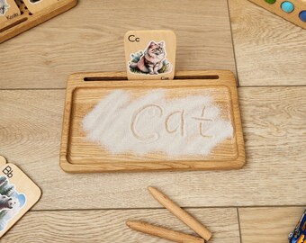 Montessori learning sand tray wood sensory tray card holder preschool Waldorf sand writing tray fine motor sensory play tracing homeschool