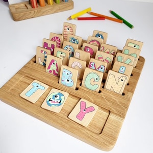 Placa reversível do alfabeto inglês montessori + cartões de letras monstros, brinquedo pré-escolar, presente para crianças pequenas, materiais de aprendizagem