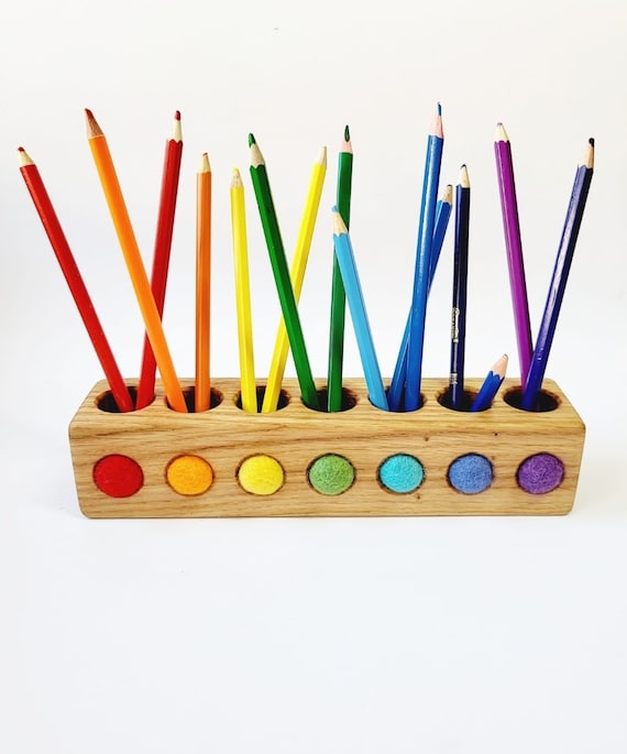 Kids Artwork Gift, Wooden Oak Pencil Holder, Montessori Pencil