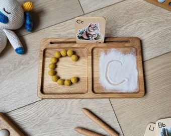 Montessori wooden learning tray sand tray 2 part tray card holder preschool Waldorf sand writing tray fine motor sensory writing tracing