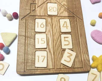 Drewniany domek Montessori – tablica matematyczna, zabawka do nauki układania liczb, prezent dla dzieci