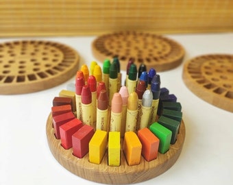 Waldorf crayon holder for 24 blocks and 24 sticks round shape, desk organisation, gift for kids