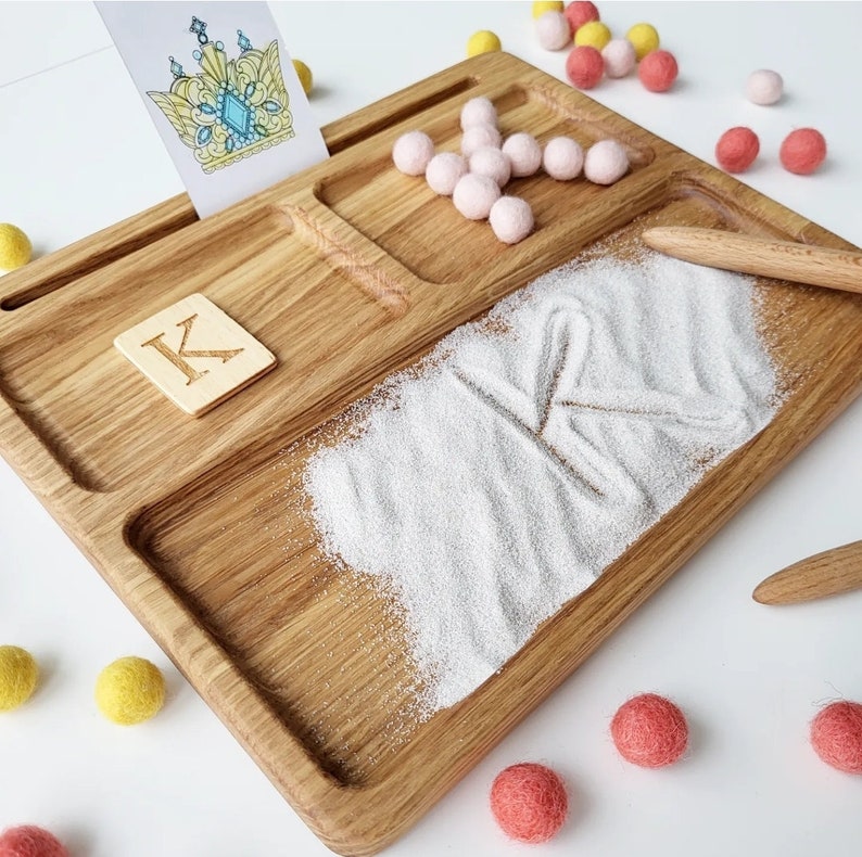 Montessori Spielzeug, lesen, schreiben, erstellen Sandtablett mit Alphabet Karten, homeschool Materialien, lehrreich, lernen, Vorschule, Kleinkind Geschenk Bild 7