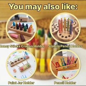 May include: Image featuring four wooden holders for art supplies. The holders are for crayons, pencils, and paint jars. The text "You may also like:" is at the top. The holders are displayed in circular frames.