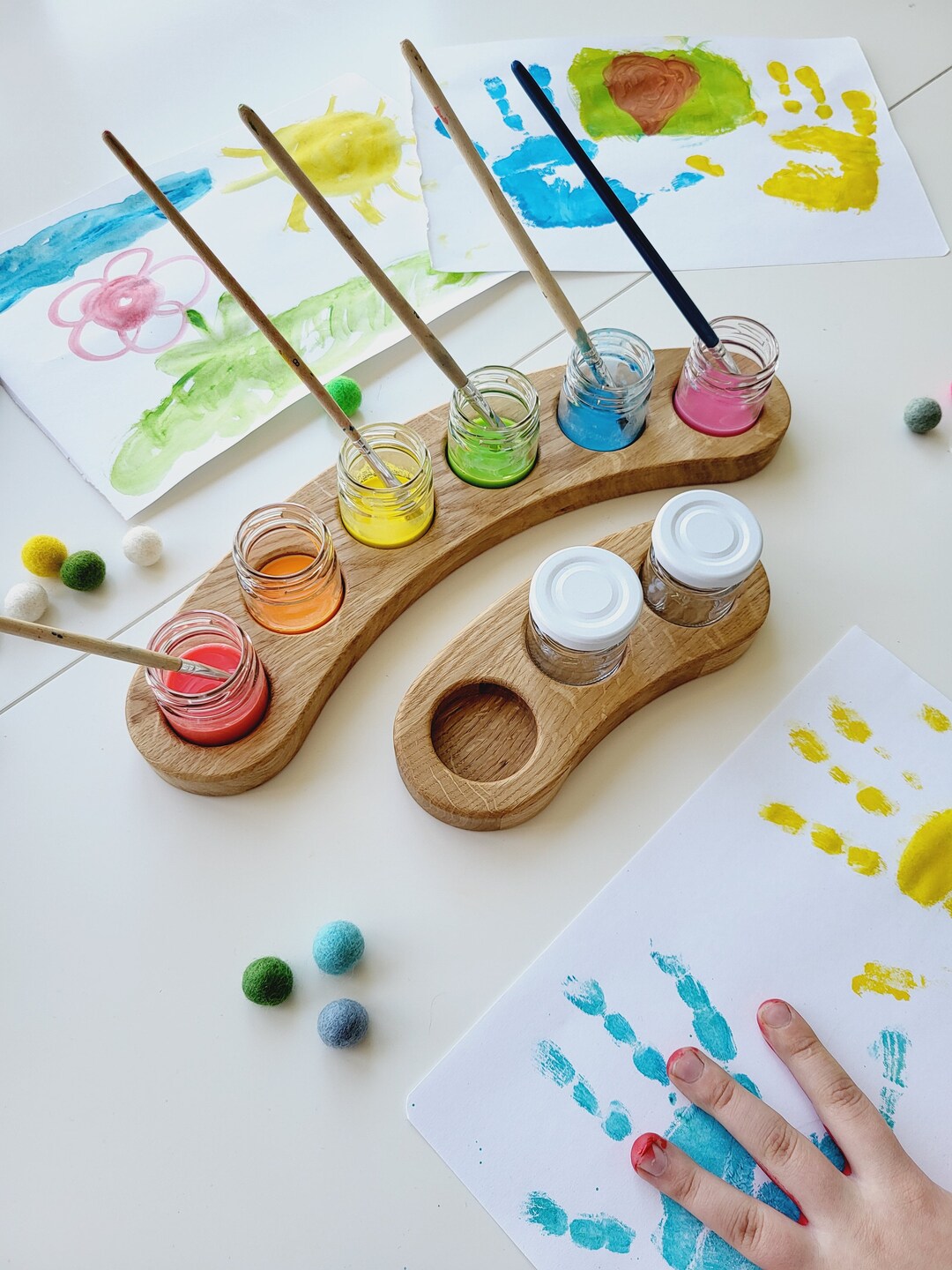 Waldorf Wooden Paint Jar Holder Arc Shape Brush Holder Watercolor