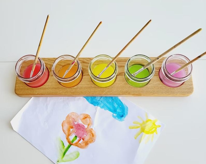 Waldorf wooden paint jar holder brush holder watercolor jar holder painting sorting tray watercolor tray pencil holder birthday gift for kid
