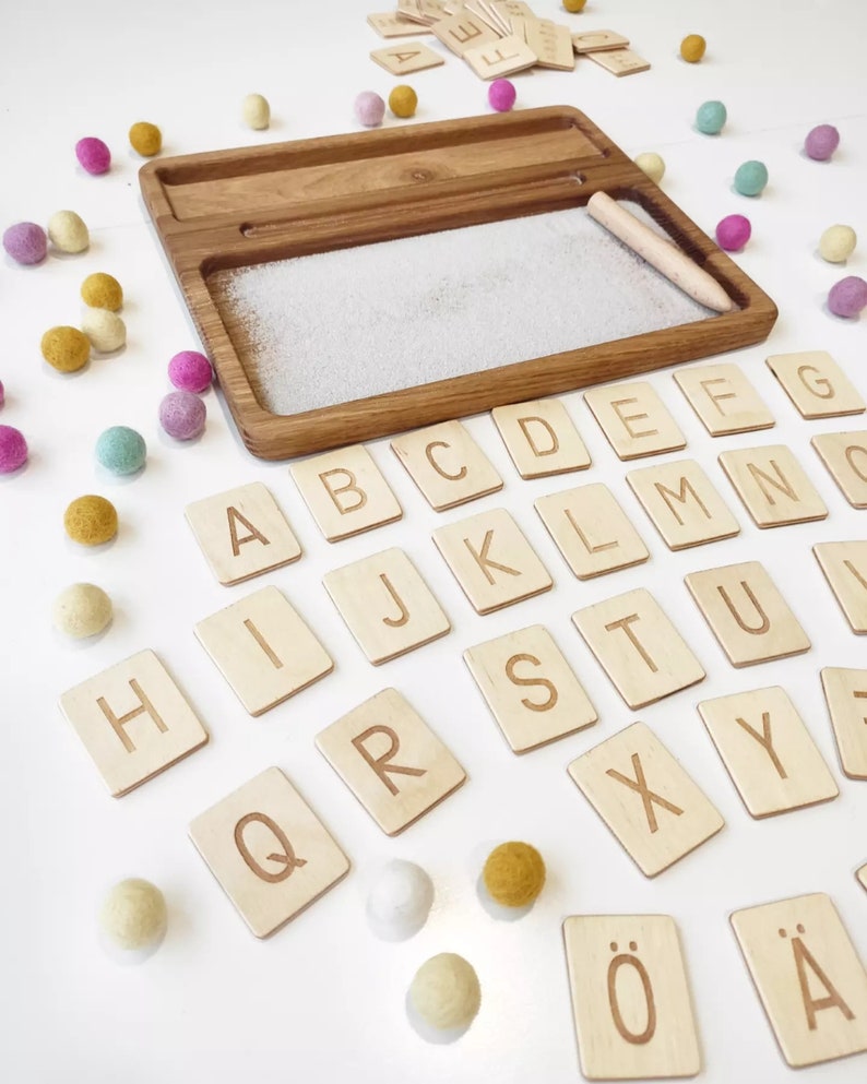 Montessori materials, wooden sand tray with German letters cards, homeschool, Montessori educational resource, Birthday gift for kids image 7