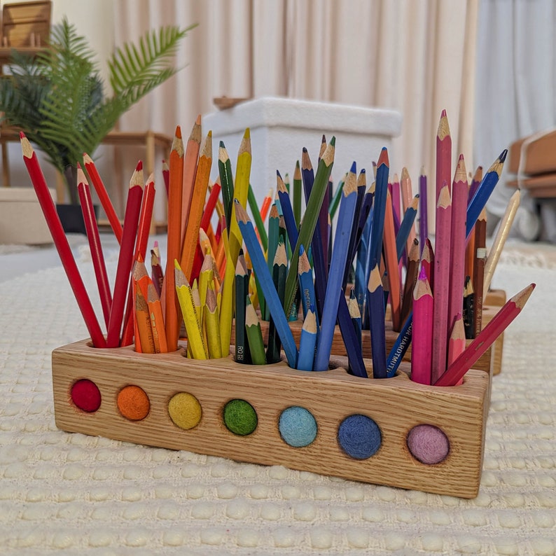 Pencil holder Montessori stiftehalter toddler gift wood desk organizer decor personalized birthday child gifts for kids art supplies teacher 7 holes