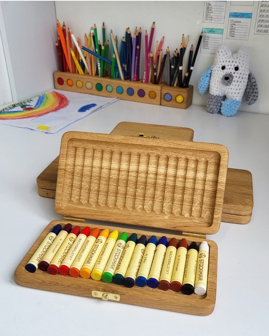 Waldorf crayon holder for Stockmar 16 blocks and 16 sticks rectangular,  gift for kids, desk organization, crayons are not included