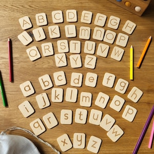 Wooden Alphabet Tiles  English Lowercase Uppercase  Letters Montessori Educational Resource Homeschool Preschool Gift Classroom Learning