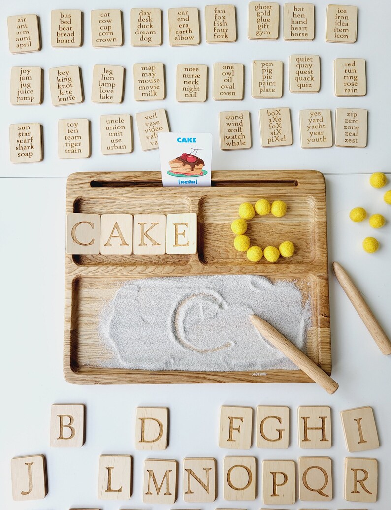 Montessori Spielzeug, lesen, schreiben, erstellen Sandtablett mit Alphabet Karten, homeschool Materialien, lehrreich, lernen, Vorschule, Kleinkind Geschenk Bild 8