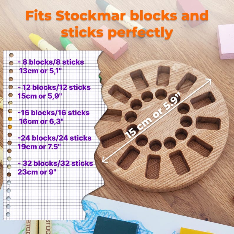 May include: A wooden block and stick organizer with a circular design. The organizer has multiple slots and holes for storing blocks and sticks. The text on the image says it fits Stockmar blocks and sticks. The organizer is 5.9 inches in diameter.