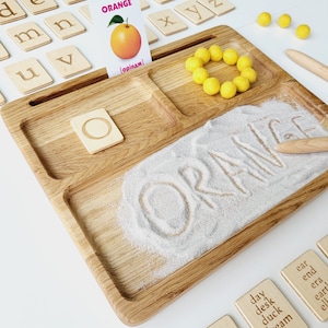 Montessori Spielzeug, lesen, schreiben, erstellen Sandtablett mit Alphabet Karten, homeschool Materialien, lehrreich, lernen, Vorschule, Kleinkind Geschenk Bild 9