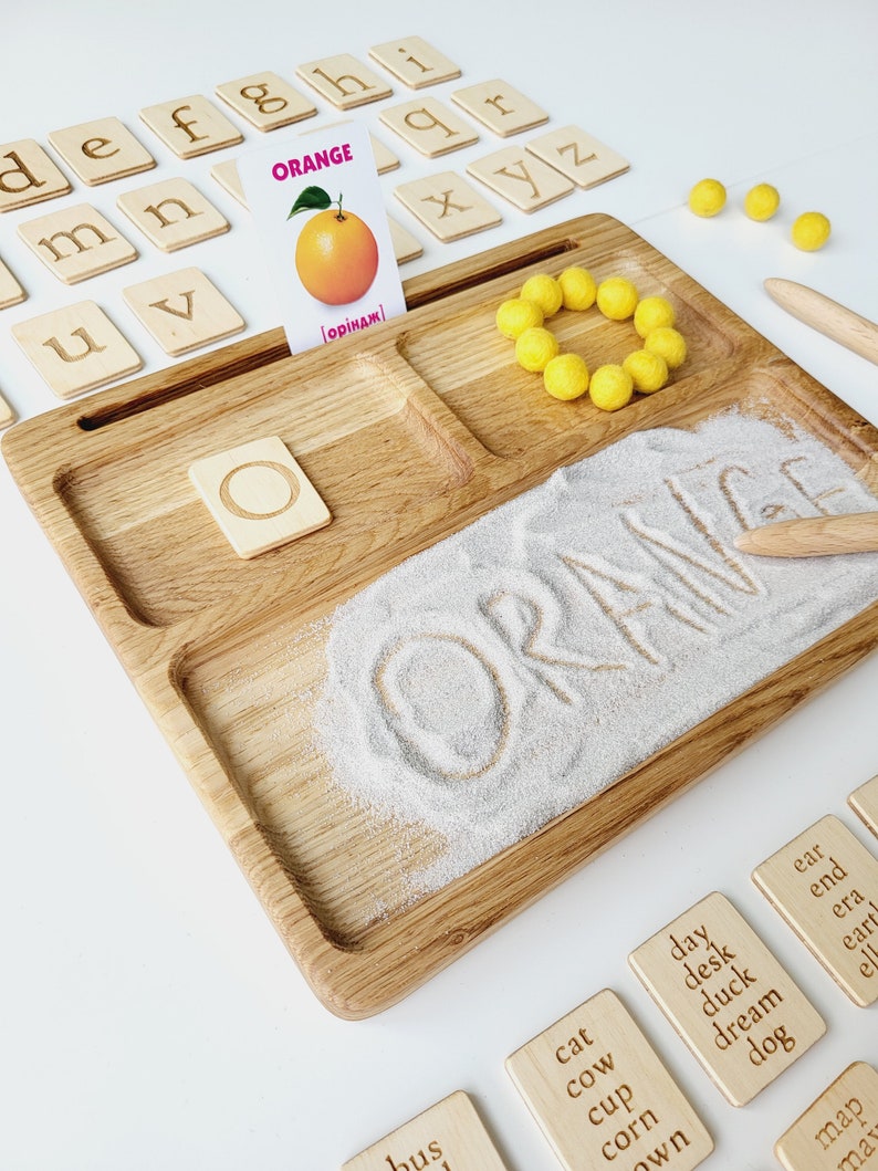 Montessori Spielzeug, lesen, schreiben, erstellen Sandtablett mit Alphabet Karten, homeschool Materialien, lehrreich, lernen, Vorschule, Kleinkind Geschenk Bild 9