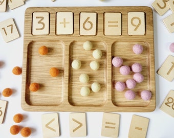 Tablero de matemáticas Montessori del 0 al 20 con bandejas y tarjetas numéricas. Regalo ideal para niños que aprenden a contar, sumar y restar. Para niños de 4 años en adelante.