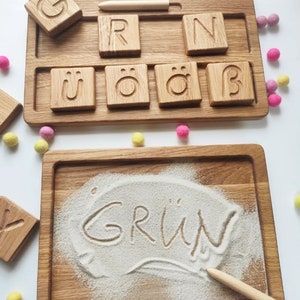 Montessori Deutsch Buchstaben umkehrbar A/A Blöcke oder Karten mit Sandkasten, Lernmaterial für Kinder, Geschenk Geburtstag für Kinder, lernen