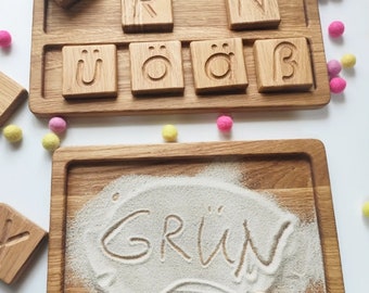 Montessori German letters reversible A/a blocks or cards with sand tray, educational materials for kids, birthday gift for kids, learning