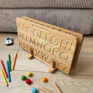 Montessori gift set 2 Alphabet tracing boards reversible Printed Cursive Lowercase Uppercase handwriting learning letters birthday Waldorf 2 boards+free stand