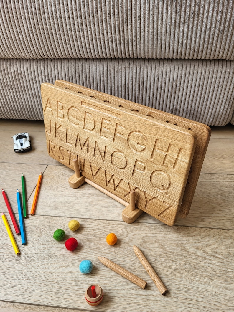 Montessori gift set 2 Alphabet tracing boards reversible Printed Cursive Lowercase Uppercase handwriting learning letters birthday Waldorf 2 boards+free stand