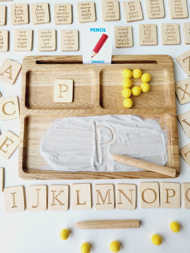 Montessori Spielzeug, lesen, schreiben, erstellen Sandtablett mit Alphabet Karten, homeschool Materialien, lehrreich, lernen, Vorschule, Kleinkind Geschenk Bild 1