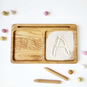 Sandtablett sensorisches Schreiben Montessori Holzlerntablett 2 teiliges Tablett Kartenhalter homepreschool Waldorf Sandschreibtablett Feinmotorik