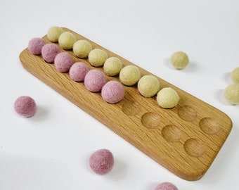 Montessori materials, twenty frame oak board with felt balls, educational item for kids, counting, early learning gift
