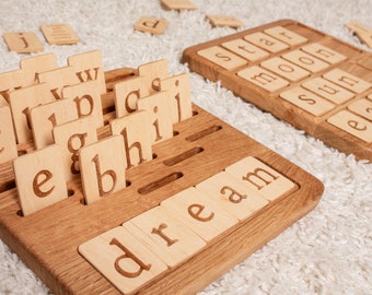 Tablero del alfabeto Montessori con tarjetas de letras, letras de madera, regalo educativo para niños, recurso de aprendizaje para preescolares, aula Montessori.