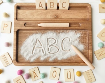 Montessori materials, wooden sand tray with German letters cards, homeschool, Montessori educational resource, Birthday gift for kids