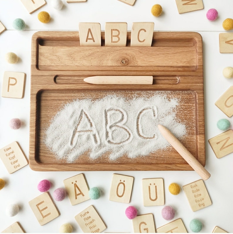 Montessori materials, wooden sand tray with German letters cards, homeschool, Montessori educational resource, Birthday gift for kids image 1