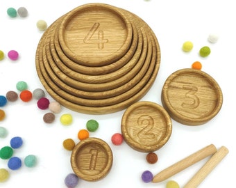Montessori-sorteringsplattor, träbrickor i ek 1–10 med pekpennor, räkneleksak, pedagogisk present till barn, hemundervisning i Waldorfskola
