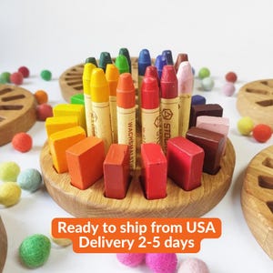 Waldorf Crayon Holder for 16 Stockmar Blocks and 16 Sticks – Round Wooden Organizer for Desk Crayon Storage School Supplies Gift for Kids