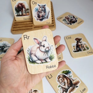 Montessori wooden alphabet flash cards with animals pictures learning letters child gift kids preschool homeschool teachers Birthday gift