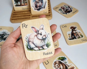 Montessori wooden alphabet flash cards with animals pictures learning letters child gift kids  homeschool teachers Birthday gift