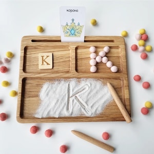 Montessori Spielzeug, lesen, schreiben, erstellen Sandtablett mit Alphabet Karten, homeschool Materialien, lehrreich, lernen, Vorschule, Kleinkind Geschenk Bild 6