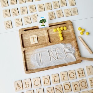 Montessori Spielzeug, lesen, schreiben, erstellen Sandtablett mit Alphabet Karten, homeschool Materialien, lehrreich, lernen, Vorschule, Kleinkind Geschenk Bild 5