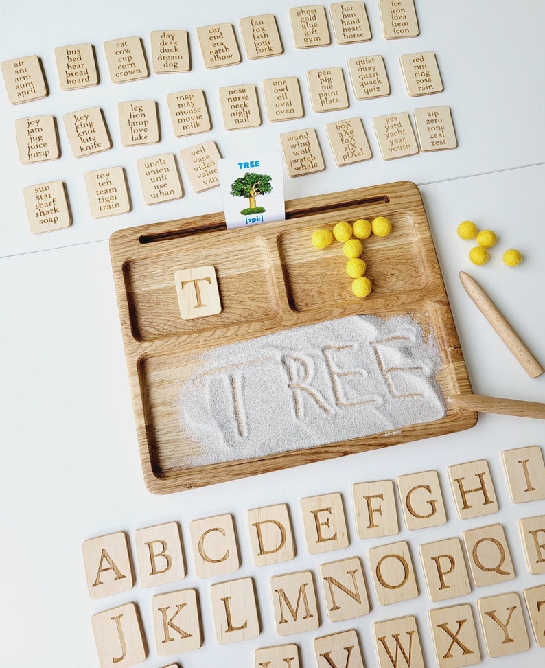 Montessori Spielzeug, lesen, schreiben, erstellen Sandtablett mit Alphabet Karten, homeschool Materialien, lehrreich, lernen, Vorschule, Kleinkind Geschenk Bild 5