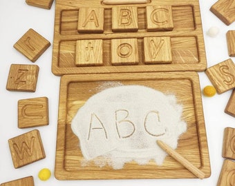 Montessori letters reversible A/a blocks or cards with sand tray, educational materials for kids, birthday gift for kids, learning letters