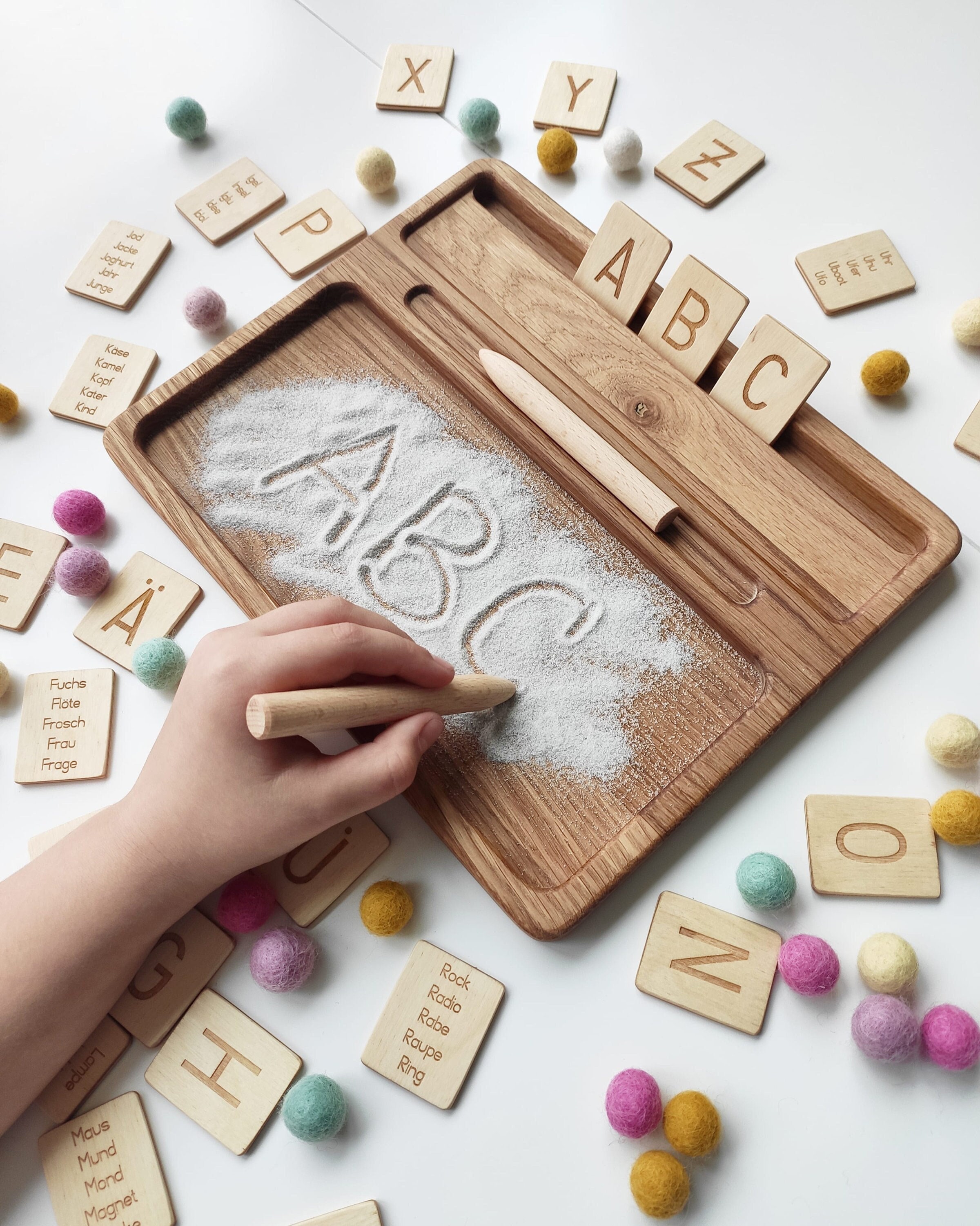 Bandeja De Arena Para Trazar Letras – Caja De Madera Sensorial Para Aprender Ortografía – Fácil De Limpiar, 22x18 Cm