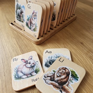 Alphabet en bois Montessori cartes flash avec images d'animaux lettres d'apprentissage animaux de la forêt enfants enseignants du préscolaire cadeau de Noël pour enfants