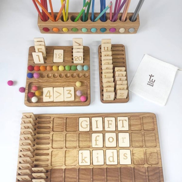 Geschenkbox für Kinder Montessori Lernmaterialien Set wendbar Mathetafel mit Karten 1-20 Alphabet Tafel Stiftehalter Geburtstagsgeschenk