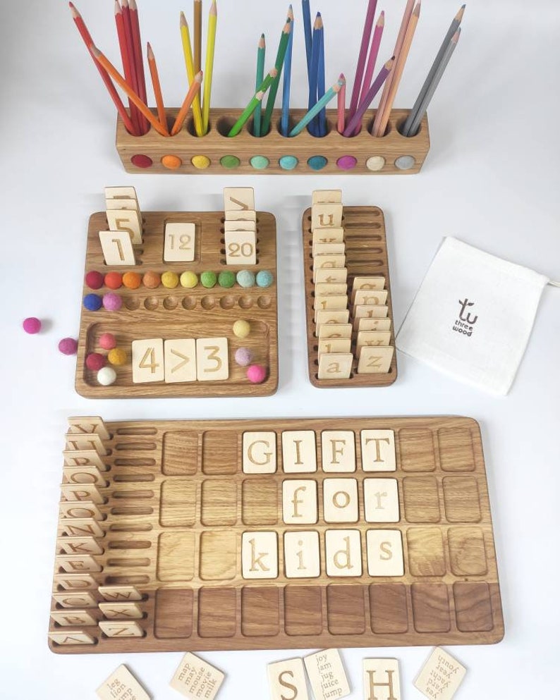 Gift box for kids Montessori educational materials set of reversible math board with cards 1-20 alphabet board pencil holder birthday gift image 1