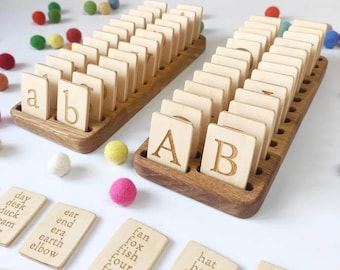 English Letters Cards+holder Uppercase lowercase letter cards Montessori materials birthday gift wooden letters alphabet Montessori learning