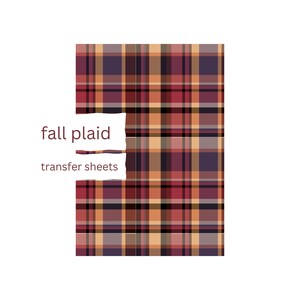 Pode incluir: Folhas de transferência de xadrez de outono com um padrão de xadrez vermelho, laranja, marrom e roxo.