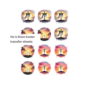 Pode incluir: Um conjunto de 12 folhas de transferência em estilo aquarela que representam uma cena de pôr do sol com uma cruz e o texto "He is Risen Easter transfer sheets".