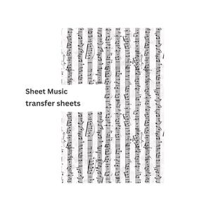 May include: Black and white sheet music transfer sheets with a distressed, vintage look. The sheets are filled with musical notes and lines.