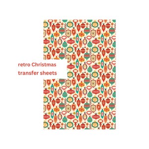 May include: A seamless pattern featuring retro Christmas ornaments in shades of red, green, yellow, and blue on a cream background. The ornaments are stylised and have a mid-century modern aesthetic.
