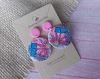 Water Color Flower Clay Earrings, featuring an acrylic painting from my teenage daughter